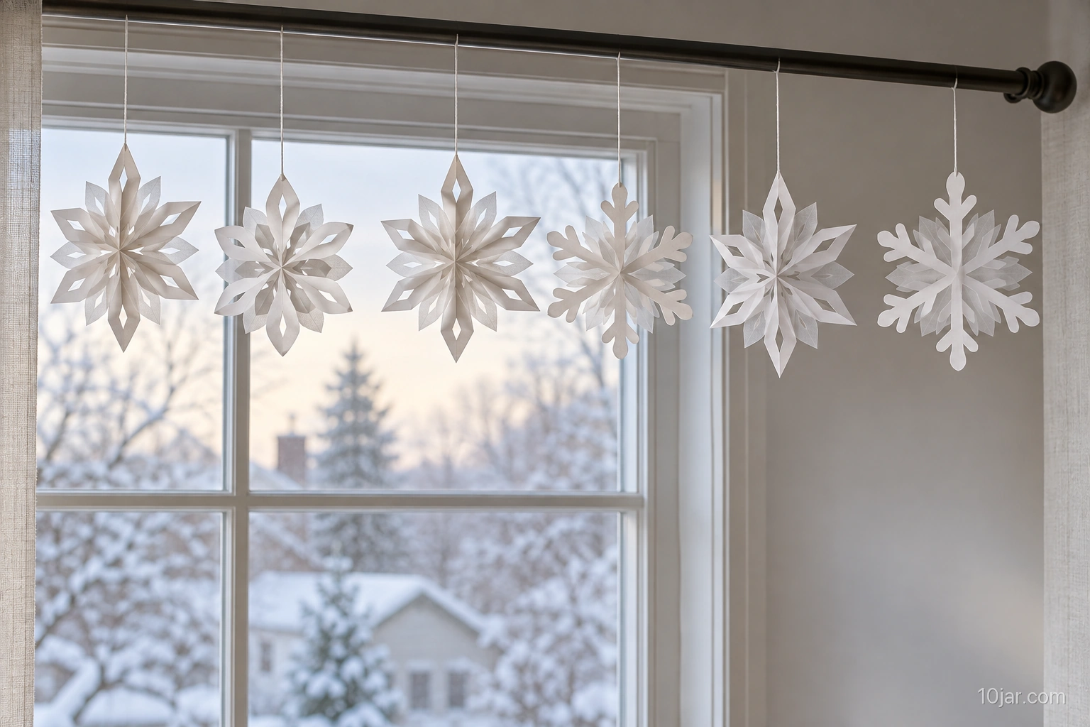 Exactly six layered white and translucent paper snowflakes hanging from an existing curtain rod in a dry indoor window