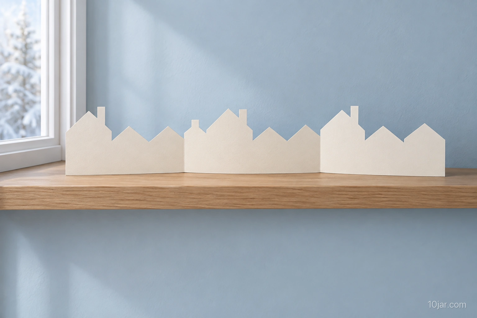 One freestanding cream cardstock accordion village about twenty-four inches wide on a bare shelf away from lights and flame