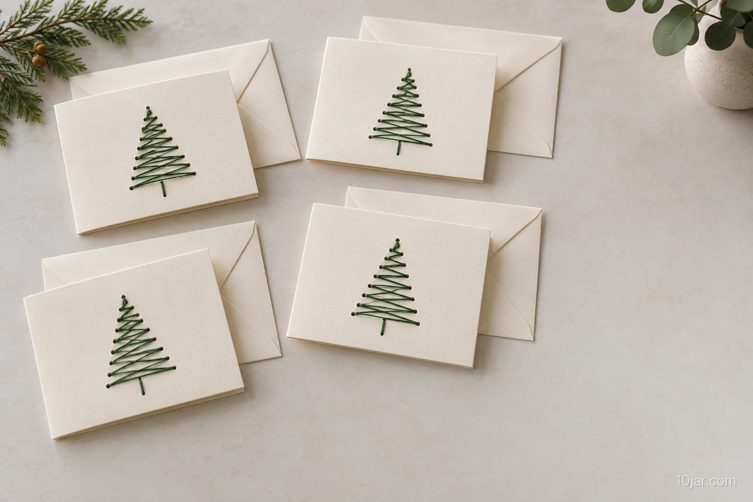 Exactly four five-by-seven-inch embroidered Christmas cards with simple green stitched trees arranged beside matching envelopes