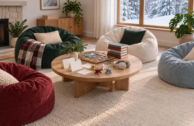 Calm indoor holiday activity table with blank cards, closed books, puzzle pieces, paper stars, and four empty flexible seats